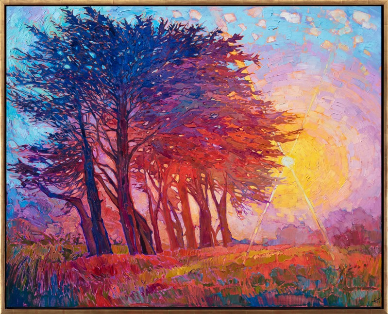 The cypress trees growing in Mendocino are beautifully unique and a joy to capture on the canvas. This painting brings to life a grove of cypress trees bathed in whispery-light fog, filtering the sunset light and turning shades of orange and purple. The brush strokes are loose and impressionistic, alive with expressive color.</p><p>"Cypress Fog" was created on 1-1/2" canvas, with the painting continued around the edges. The piece arrives framed in a contemporary gold floater frame.