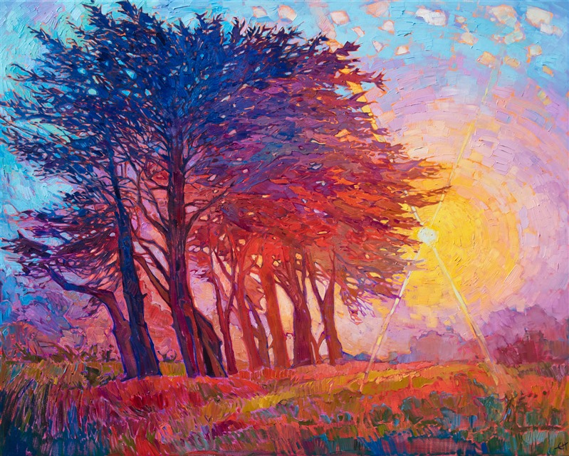 The cypress trees growing in Mendocino are beautifully unique and a joy to capture on the canvas. This painting brings to life a grove of cypress trees bathed in whispery-light fog, filtering the sunset light and turning shades of orange and purple. The brush strokes are loose and impressionistic, alive with expressive color.</p><p>"Cypress Fog" was created on 1-1/2" canvas, with the painting continued around the edges. The piece arrives framed in a contemporary gold floater frame.