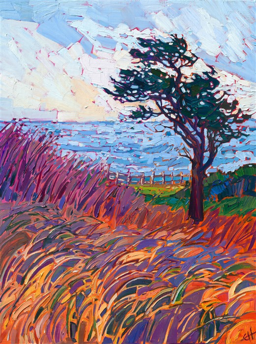 Colorful summer grasses curve over the coastal cliffs of Mendocino, California. A stately cypress tree stands in silhouette against the distant, baby-blue waves. Thick brush strokes and impressionistic color capture the beauty of the scene.