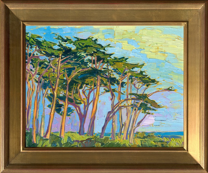 A grove of cypress trees clusters together, facing the calm blue waters of the Pacific. The soft light of early morning glints along the surface of the trees, turning hues of pink and orange against the white bark. The impasto brush strokes add a sense of movement to the painting.</p><p>"Cypress Grove" was created on 1/8" linen board. It arrives framed in a plein air frame, ready to hang.