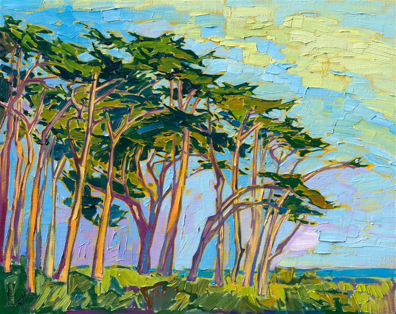 A grove of cypress trees clusters together, facing the calm blue waters of the Pacific. The soft light of early morning glints along the surface of the trees, turning hues of pink and orange against the white bark. The impasto brush strokes add a sense of movement to the painting.</p><p>"Cypress Grove" was created on 1/8" linen board. It arrives framed in a plein air frame, ready to hang.