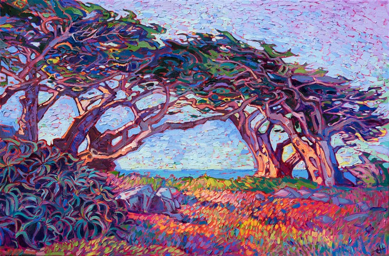 Colorful hues of early dawn sparkle on this painting of cypress trees found along 17 Mile Drive in Pebble Beach, California. The thick, impasto brushstrokes are loose and impressionistic, conveying a sense of movement and brilliance to the painting.</p><p>"Cypress Lights" was created on 1-1/2" canvas, with the painting continued around the edges of the canvas. The piece is framed in a 23kt gold leaf floater frame.