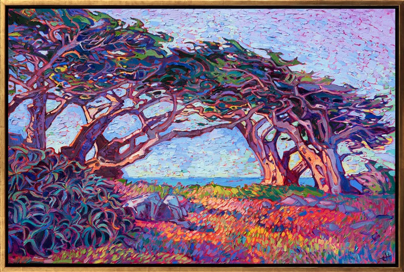 Colorful hues of early dawn sparkle on this painting of cypress trees found along 17 Mile Drive in Pebble Beach, California. The thick, impasto brushstrokes are loose and impressionistic, conveying a sense of movement and brilliance to the painting.</p><p>"Cypress Lights" was created on 1-1/2" canvas, with the painting continued around the edges of the canvas. The piece is framed in a 23kt gold leaf floater frame.