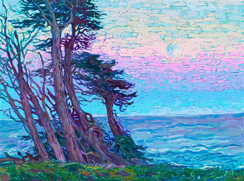 A full moon sets over the distant horizon, in this painting of Mendocino, in northern California. The impressionistic brush strokes capture the vibrant colors of the landscape.</p><p>"Cypress Moon" was created on 1-1/2" canvas, and the piece arrives framed in a contemporary, burnished silver floater frame. This painting was created in Erin Hanson's signature style, known as Open Impressionism.