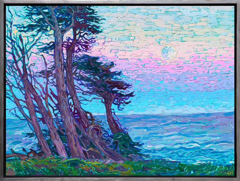 A full moon sets over the distant horizon, in this painting of Mendocino, in northern California. The impressionistic brush strokes capture the vibrant colors of the landscape.</p><p>"Cypress Moon" was created on 1-1/2" canvas, and the piece arrives framed in a contemporary, burnished silver floater frame. This painting was created in Erin Hanson's signature style, known as Open Impressionism.