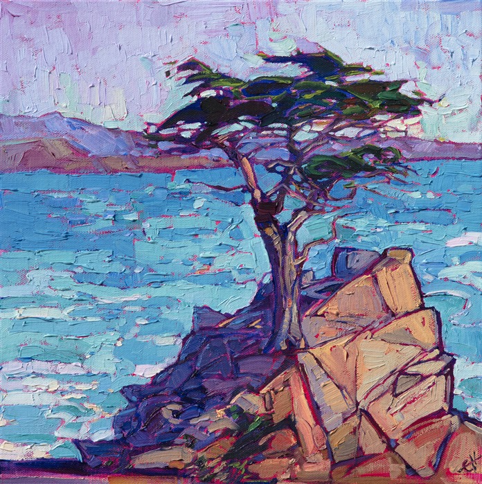 Lone Cypress is captured here in hues of blue and beige - a soft, early morning look at this traditional view. The cypress tree is delicately painted on this petite canvas, a contrast against the bold strokes of the distant waters.</p><p>This painting was done on 1/8" canvas, and it arrives framed and ready to hang.
