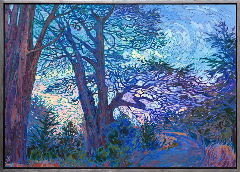 Dusky hues of purple and turquoise glow on this canvas of Mendocino, California. The textured spaces between the branches of the cypress tree create a sense of motion in the scene. Each brightly colored brush stroke glimmers with light against the dark underpainting.</p><p>"Cypress Pines" was created on gallery-depth canvas, in a modern impressionist style known as Open Impressionism. The brush strokes are loose and painterly, created with thickly applied oil paint. The painting has been framed in a hand-made, burnished silver floater frame.