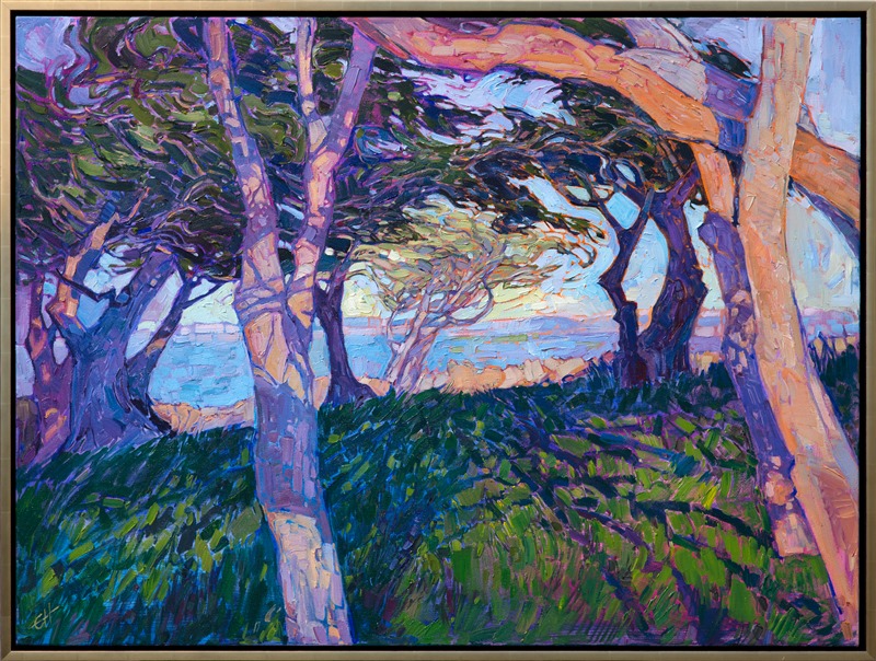 Monterey cypress trees dance together in a rhythm of color and light, in this contemporary impressionist oil painting. The brush strokes are lively and expressive, drawing the eye through the picture, while the contrasting values add an emotional quality to the work.  This painting was inspired by a recent trip to the Monterey peninsula and the 17-mile drive.</p><p>This painting was created on 1-1/2"-deep canvas, with the painting continued around the sides of the painting. The piece will arrive framed in a 23-kt gold leaf floater frame, allowing you to see the full edges of the canvas.