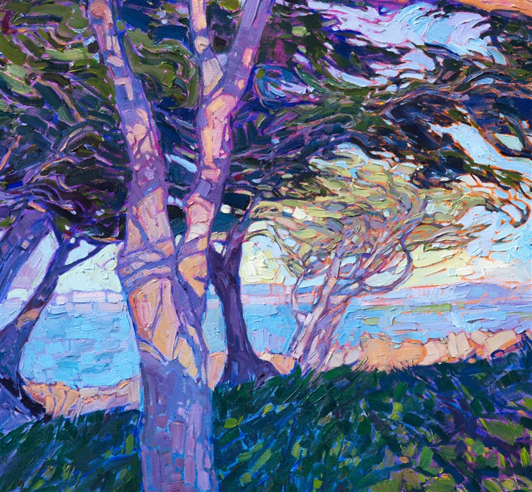 Monterey cypress trees dance together in a rhythm of color and light, in this contemporary impressionist oil painting. The brush strokes are lively and expressive, drawing the eye through the picture, while the contrasting values add an emotional quality to the work.  This painting was inspired by a recent trip to the Monterey peninsula and the 17-mile drive.</p><p>This painting was created on 1-1/2"-deep canvas, with the painting continued around the sides of the painting. The piece will arrive framed in a 23-kt gold leaf floater frame, allowing you to see the full edges of the canvas.