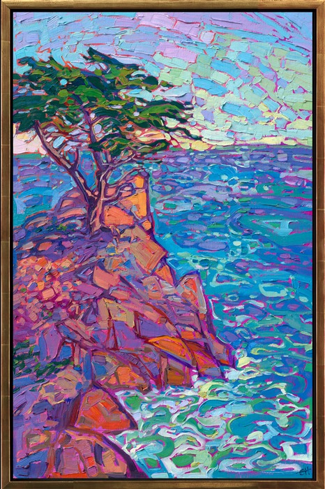 Carmel's famous Lone Cypress is captured in vibrant hues of sherbet orange, purple, and turquoise. The brush strokes are thick and impressionistic, alive with color and motion.</p><p>"Cypress Rock" is an original oil painting on stretched canvas. The piece arrives framed in a 23kt burnished gold floating frame.