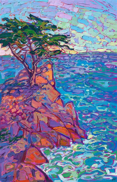 Carmel's famous Lone Cypress is captured in vibrant hues of sherbet orange, purple, and turquoise. The brush strokes are thick and impressionistic, alive with color and motion.</p><p>"Cypress Rock" is an original oil painting on stretched canvas. The piece arrives framed in a 23kt burnished gold floating frame.