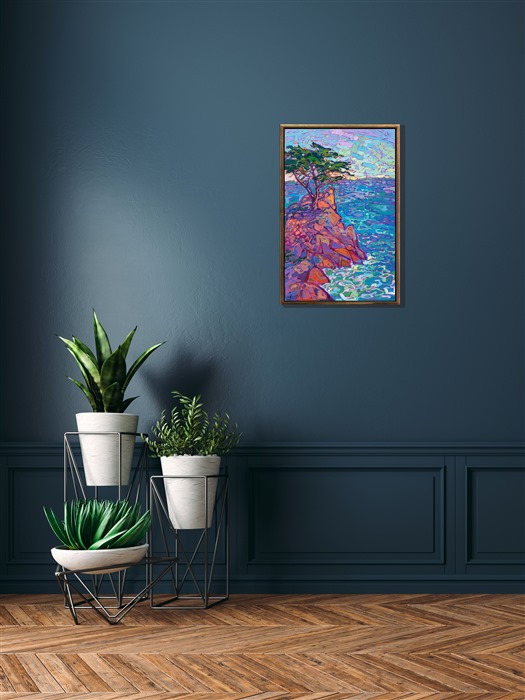 Carmel's famous Lone Cypress is captured in vibrant hues of sherbet orange, purple, and turquoise. The brush strokes are thick and impressionistic, alive with color and motion.</p><p>"Cypress Rock" is an original oil painting on stretched canvas. The piece arrives framed in a 23kt burnished gold floating frame.