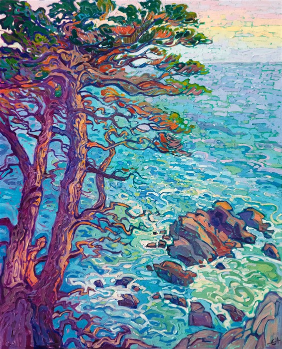 The rocky coastline of Pebble Beach, popularized by the scenic route 17 Mile Drive, is captured here in thickly applied impressionistic brush strokes, alive with color and motion. The ancient cypress trees stand twisted and weather-beaten, glowing orange in the last hues of sunlight.</p><p>"Cypress Rocks" was created on 1-1/2" canvas, with the painting continued around the edges. The piece arrives framed in a contemporary gold floater frame finished in burnished 23kt gold leaf.