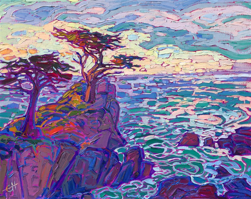 Lone Cypress stands on a rocky embankment, on Carmel's famous 17 Mile Drive. The setting sun makes the sky glow with vivid hues. Each brush stroke is thick and textured, alive with movement.</p><p>"Cypress Standing" is an original oil painting on linen. The piece arrives framed in a gold plein air frame.
