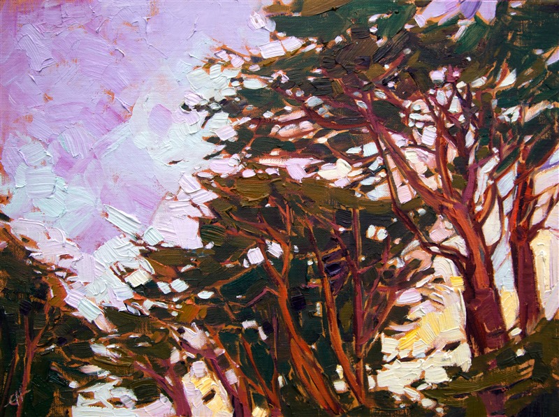 The cypress trees at Monterey are beautifully stark and unique, each tree carved from generations of coastal winds.  This painting captures their unique spirit in loose brush strokes and vivid color.</p><p>