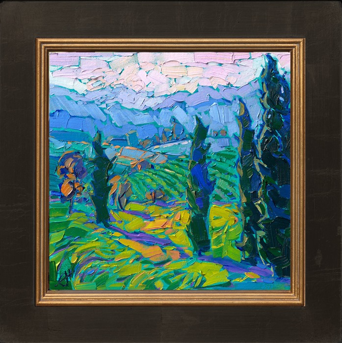Vineyard-covered hills in the Willamette Valley, Oregon, are captured in lush, impressionistic colors. The impasto brush strokes add a dimension of texture and movement to the wine country painting.</p><p>"Cypress Vines" was created on linen board, and the painting arrives framed in a plein air frame, ready to hang.