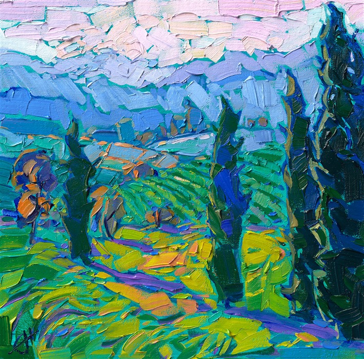 Vineyard-covered hills in the Willamette Valley, Oregon, are captured in lush, impressionistic colors. The impasto brush strokes add a dimension of texture and movement to the wine country painting.</p><p>"Cypress Vines" was created on linen board, and the painting arrives framed in a plein air frame, ready to hang.