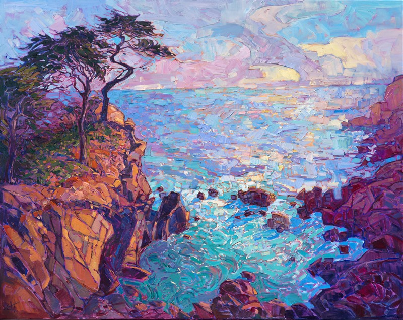 Glittering afternoon light sparkles across this vista of Lone Cypress. The thick brush strokes catch the light and create a sense of movement throughout the painting, while still capturing the peace and quietude of the view.</p><p>This painting was created on gallery-depth canvas, with the painting wrapped around the sides.  The painting is framed in a beautiful complimentary hardwood floater frame.