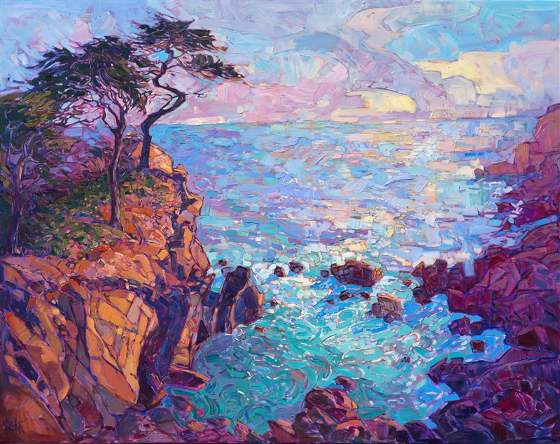 Glittering afternoon light sparkles across this vista of Lone Cypress. The thick brush strokes catch the light and create a sense of movement throughout the painting, while still capturing the peace and quietude of the view.

This painting was created on gallery-depth canvas, with the painting wrapped around the sides.  The painting is framed in a beautiful complimentary hardwood floater frame.