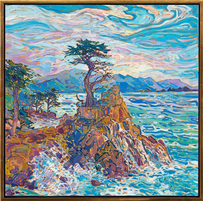 Hide tide brings splashing waves against the rocky cliffs of Carmel's Lone Cypress. Swirling skies of turquoise and gray are reflected in the swirling waters below. Each brushs stroke is loose and expressive, capturing the movement of the scene.</p><p>"Cypress Water" is an original oil painting on stretched canvas.