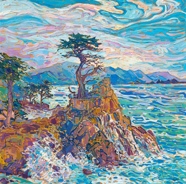 Hide tide brings splashing waves against the rocky cliffs of Carmel's Lone Cypress. Swirling skies of turquoise and gray are reflected in the swirling waters below. Each brushs stroke is loose and expressive, capturing the movement of the scene.</p><p>"Cypress Water" is an original oil painting on stretched canvas.