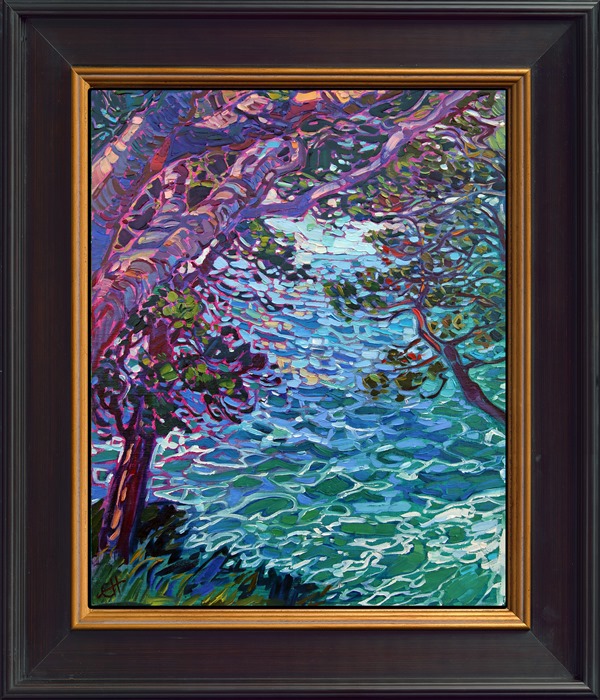A grove of cypress trees off Highway 1 frames the swirling turquoise waters of the Pacific Ocean. The brush strokes are loose and expressive, capturing an impressionistic sense of movement and light within the scene.</p><p>"Cypress Waters II" is an original oil painting on linen board. The piece arrives framed and ready to hang. </p><p>This piece will be displayed in Erin Hanson's annual <i><a href="https://www.erinhanson.com/Event/petiteshow2023">Petite Show</i></a> in McMinnville, Oregon. This painting is available for purchase now, and the piece will ship after the show on November 11, 2023.