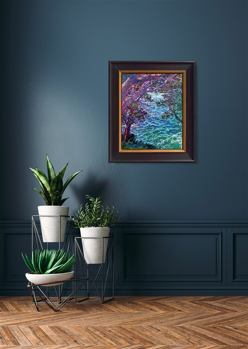 A grove of cypress trees off Highway 1 frames the swirling turquoise waters of the Pacific Ocean. The brush strokes are loose and expressive, capturing an impressionistic sense of movement and light within the scene.</p><p>"Cypress Waters II" is an original oil painting on linen board. The piece arrives framed and ready to hang. </p><p>This piece will be displayed in Erin Hanson's annual <i><a href="https://www.erinhanson.com/Event/petiteshow2023">Petite Show</i></a> in McMinnville, Oregon. This painting is available for purchase now, and the piece will ship after the show on November 11, 2023.