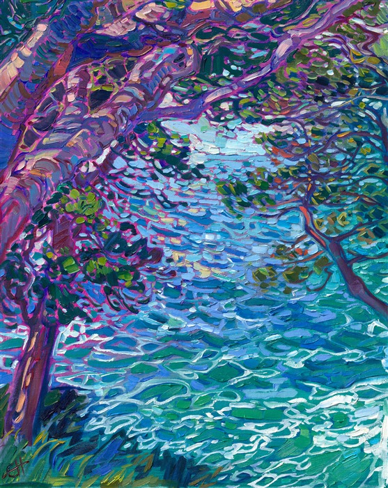 A grove of cypress trees off Highway 1 frames the swirling turquoise waters of the Pacific Ocean. The brush strokes are loose and expressive, capturing an impressionistic sense of movement and light within the scene.</p><p>"Cypress Waters II" is an original oil painting on linen board. The piece arrives framed and ready to hang. </p><p>This piece will be displayed in Erin Hanson's annual <i><a href="https://www.erinhanson.com/Event/petiteshow2023">Petite Show</i></a> in McMinnville, Oregon. This painting is available for purchase now, and the piece will ship after the show on November 11, 2023.