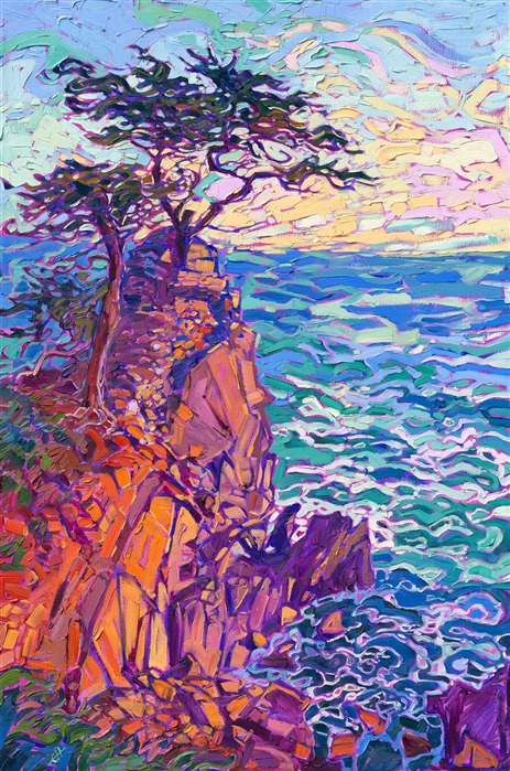 Curving waves of white foam swirl at the base of Lone Cypress, off Seventeen Mile Drive in Pebble Beach, CA. The impressionistic color is vibrantly alive, capturing the emotional impact of seeing Lone Cypress in person.</p><p>"Cypress Waves" is an original oil painting on stretched linen. The painting was created in Erin Hanson's signature Open Impressionism style. The painting arrives framed in a hand-made, closed corner floater frame, ready to hang.