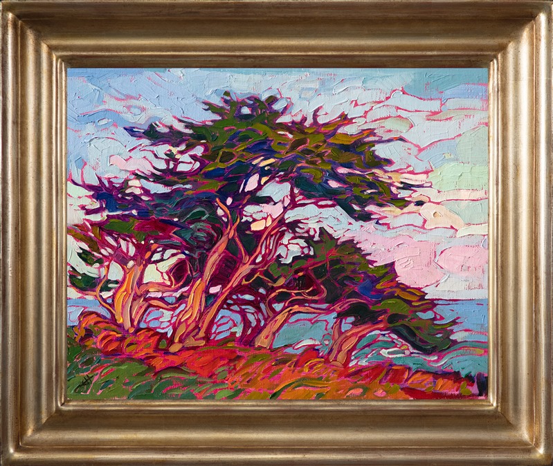 A small grove of Monterey cypress trees stands against the coastal winds in this oil painting of Pebble Beach. The movement of the brush strokes captures the feeling of standing out of doors on the California coast, even in such a small canvas.</p><p>"Cypress Winds" was created on linen board, and it arrives framed in a hand-made, gold plein air frame.