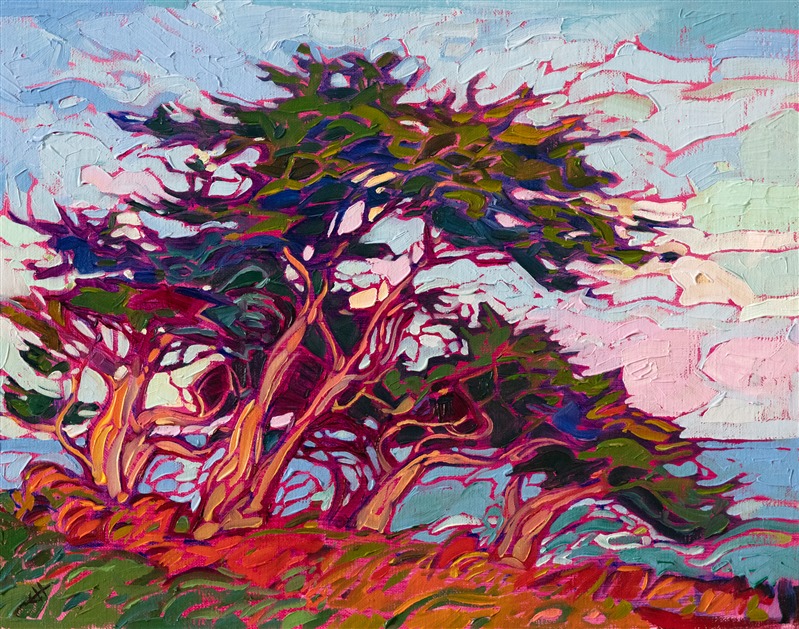 A small grove of Monterey cypress trees stands against the coastal winds in this oil painting of Pebble Beach. The movement of the brush strokes captures the feeling of standing out of doors on the California coast, even in such a small canvas.</p><p>"Cypress Winds" was created on linen board, and it arrives framed in a hand-made, gold plein air frame.