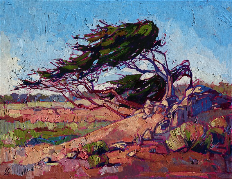 Low, wispy cypress trees brush the sky above Monterey, California. The light is calm and peaceful in this painting, transporting you to the beautiful beaches of the Monterey peninsula.