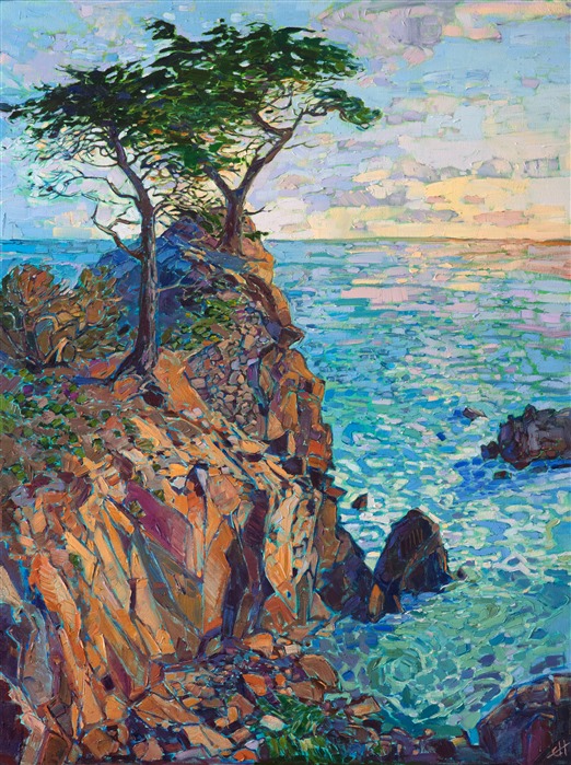 Warm morning light illuminates the rocky cliffs of Pebble Beach.  The cool sheltered waters glow blue and turquoise beneath the dawning sky, a beautiful contrast against the ragged peak.</p><p>This painting has been framed in a hand-gilded, carved floater frame that was designed to complement the colors in this painting.  It will arrived wired and ready to hang.</p><p>This painting will be included in the exhibition <i><a href="https://www.erinhanson.com/Event/erinhansoncoastalcalifornia" target="_blank">Erin Hanson: Coastal California</i></a>, at The Erin Hanson Gallery in San Diego. The artist's reception will take place on June 24th.  If you purchase this painting online, it will be shipped to you the week of June 26th.