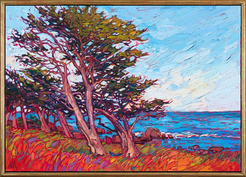 I am always drawn to paint the famous cypress trees of the Monterey peninsula. Their dramatic, wind-shaped branches are like beautiful abstract sculptures. Their pearly bark seems to reflect all the colors of the sun, from bright white to sherbet pink and tangerine orange. This painting captures a grove of cypress trees growing along Pebble Beach's 17 Mile Drive.</p><p>"Cypress at Monterey" is an original oil painting created on gallery-depth canvas, and framed in a hand-made, closed corner floater frame.