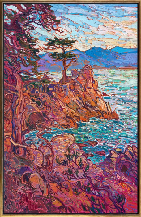 Burgundy hues reminiscent of a glass of wine swirl through this painting of Lone Cypress in Carmel-by-the-Sea. Impasto brushstrokes of oil paint capture the movement and warm colors of the scene. This classic view of the Monterey Peninsula brings the beauty of the California coast into your home.</p><p>"Cypress in Burgundy" is an original oil painting on stretched canvas. The piece arrives framed in a wooden floater frame finished in burnished gold leaf.