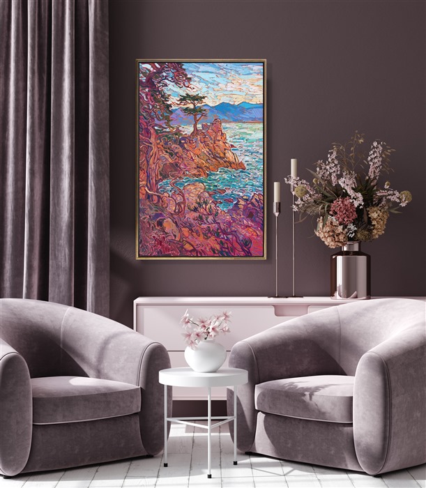 Burgundy hues reminiscent of a glass of wine swirl through this painting of Lone Cypress in Carmel-by-the-Sea. Impasto brushstrokes of oil paint capture the movement and warm colors of the scene. This classic view of the Monterey Peninsula brings the beauty of the California coast into your home.</p><p>"Cypress in Burgundy" is an original oil painting on stretched canvas. The piece arrives framed in a wooden floater frame finished in burnished gold leaf.