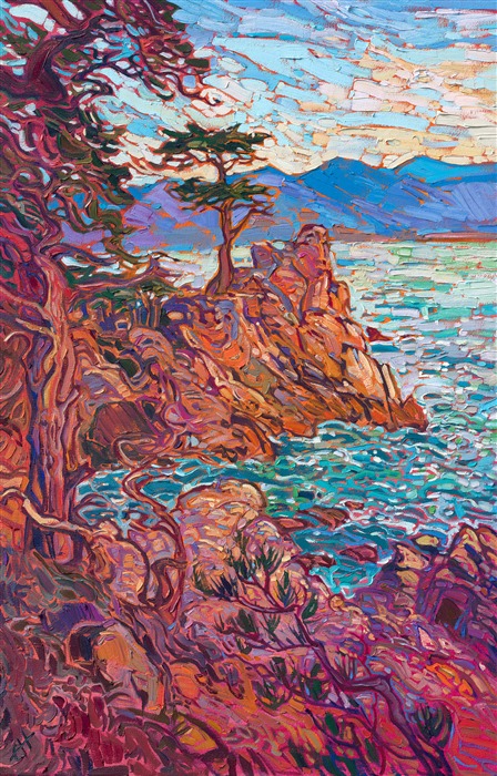 Burgundy hues reminiscent of a glass of wine swirl through this painting of Lone Cypress in Carmel-by-the-Sea. Impasto brushstrokes of oil paint capture the movement and warm colors of the scene. This classic view of the Monterey Peninsula brings the beauty of the California coast into your home.</p><p>"Cypress in Burgundy" is an original oil painting on stretched canvas. The piece arrives framed in a wooden floater frame finished in burnished gold leaf.