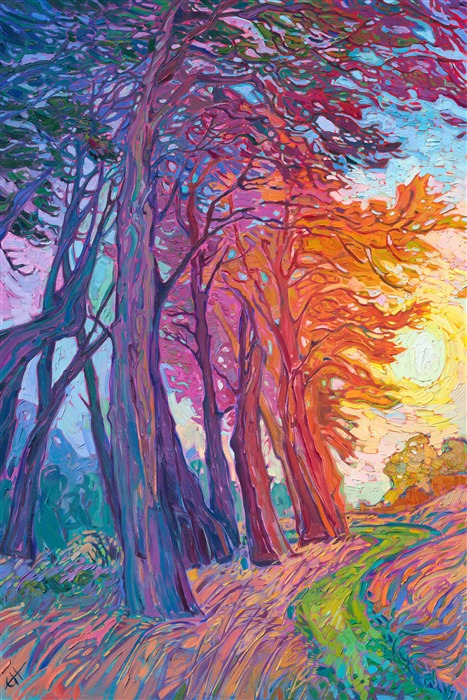 Brilliant hues of refracted light glimmer in the coastal fog of Mendocino. The brush strokes are thick and impressionistic, capturing the beauty of the California cypress tree. Erin Hanson's unique approach to oil painting involved pre-mixing her entire palette from a limited selection of five pigments. She then places the brush strokes side by side without layering, creating a mosaic of color and texture across the canvas.</p><p>This diptych is designed to hang unframed. The sides of the 1-1/2" canvases are painted wrap-around style, so that you can see the painting continue when viewed from the side. Please place the paintings 2" apart on the wall.</p><p>This piece will be on display at Erin Hanson's solo museum show <i><a href="https://www.erinhanson.com/Event/AlchemistofColor" target="_blank">Erin Hanson: Alchemist of Color</i></a> at the Channel Islands Maritime Museum in Oxnard, California. You may purchase this painting now, but the piece will not be delivered until after the show ends on December 28th, 2023.