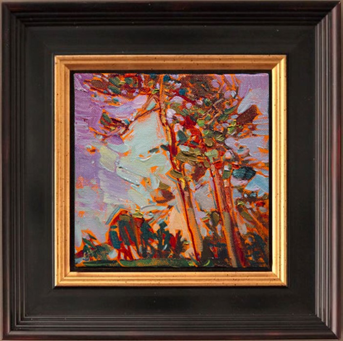 Lean cypress trees stretch into the sky, abstract shapes cutting across the horizon.  The brush strokes are loose and impressionistic, full of movement.

This small 6x6 oil painting arrives framed in a beautiful frame (as pictured), ready to hang.