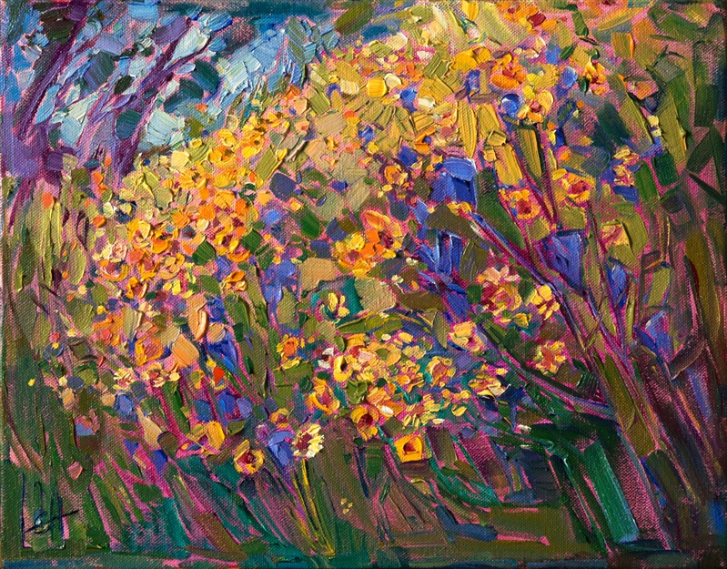 A field of color blooms from these springtime grasses. The brush strokes in this petite oil painting bring to life the movement and light of the outdoors.  Yellow daisies dance together with purple wildflowers, lively and free.</p><p>This painting was created on 1-1/2" canvas, with the painting continued around the edges.  It has been framed in a gold floater frame, which lets you see as much of the surface of the painting as possible.  This painting will arrive wired and ready to hang.
