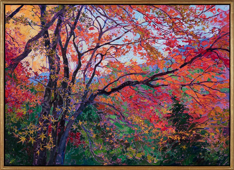 The Japanese maple tree is very graceful, its tiny pointed leaves delicately arranged like filigree to catch the autumn sun's rays. Layers of golden yellow contrast with fiery orange and red, while distant peeks of blue mountain appear in the distance. The brush strokes in this painting are thick and impressionistic, alive with texture and color.</p><p>This painting will be framed in a custom-made, gilded floater frame. The piece was created on gallery-depth canvas, with the painting continued around the edges of the canvas.