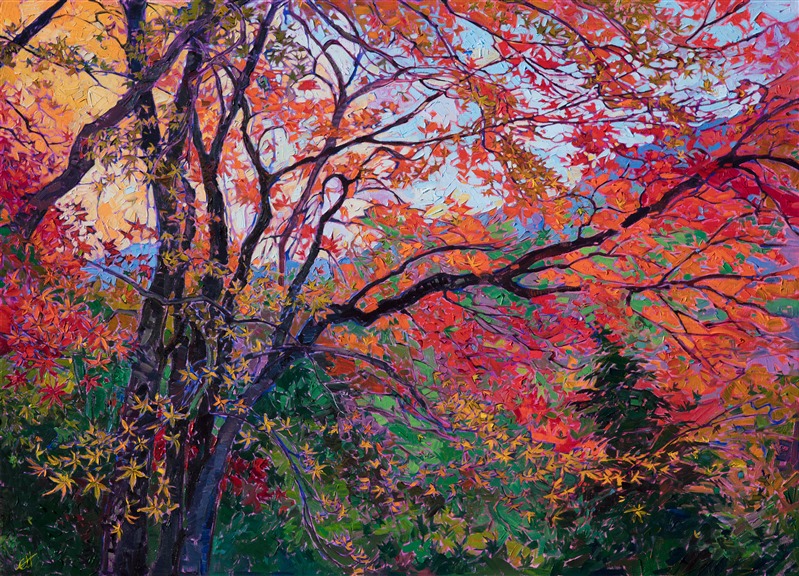 The Japanese maple tree is very graceful, its tiny pointed leaves delicately arranged like filigree to catch the autumn sun's rays. Layers of golden yellow contrast with fiery orange and red, while distant peeks of blue mountain appear in the distance. The brush strokes in this painting are thick and impressionistic, alive with texture and color.</p><p>This painting will be framed in a custom-made, gilded floater frame. The piece was created on gallery-depth canvas, with the painting continued around the edges of the canvas.