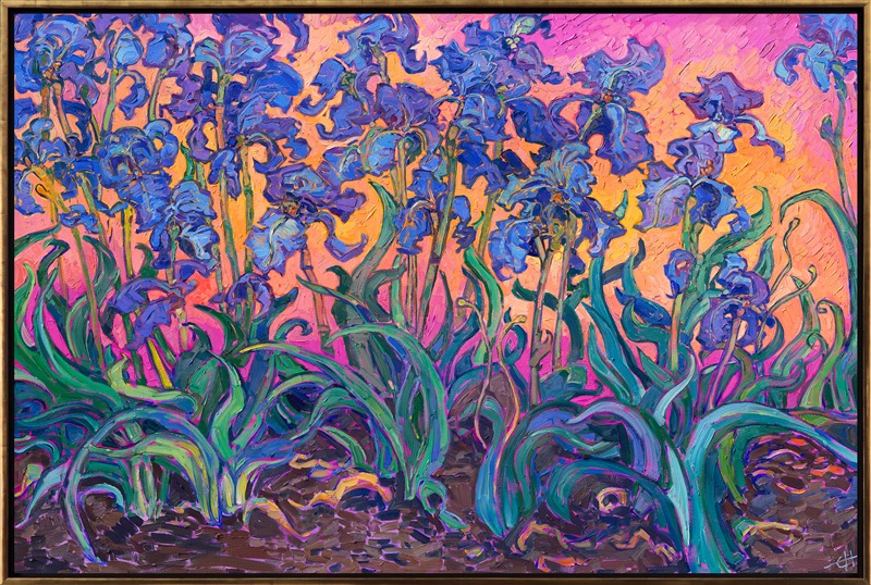 Large iris flowers grow abundantly around central Oregon's wine country. The irises come in colors I have never seen before... ivory, yellow, burgundy, pink! This painting captures some classic purple irises, painted in thick, impressionistic brush strokes and vibrant color.</p><p>"Dance of Irises" was created on 1-1/2" canvas, with the painting continued around the edges of the canvas. This original oil painting arrives framed in a contemporary gold floater frame, ready to hang.
