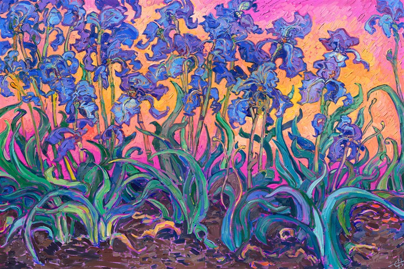 Large iris flowers grow abundantly around central Oregon's wine country. The irises come in colors I have never seen before... ivory, yellow, burgundy, pink! This painting captures some classic purple irises, painted in thick, impressionistic brush strokes and vibrant color.</p><p>"Dance of Irises" was created on 1-1/2" canvas, with the painting continued around the edges of the canvas. This original oil painting arrives framed in a contemporary gold floater frame, ready to hang.