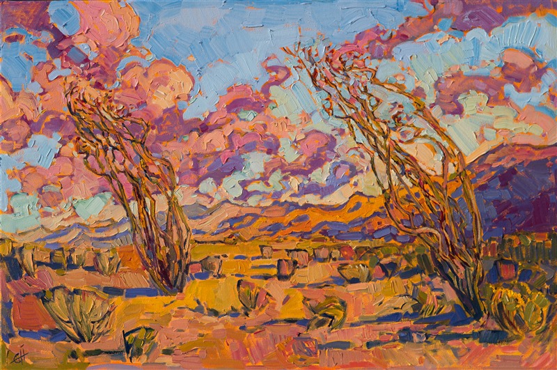 The long stalks of the ocotillo cactus stretch tall into a desert sky full of sunset color.  The rolling clouds tumble in the wind, changing hues as the sun dips lower towards the horizon.  To capture the movement and vivacity of this scene, as I perceived it in person, I used long, loose brush strokes and bold color that awakens the senses.</p><p>This painting has been framed in a hand-carved, one-of-a-kind frame that has been hand-gilded in genuine gold leaf. This frame is a beautiful blend of classic American impressionist frames and contemporary "floater frames," just as my style is a unique blend of the classic and contemporary. Read more about the <a href="https://www.erinhanson.com/Blog?p=AboutErinHanson" target="_blank">painting's details here.</a>
