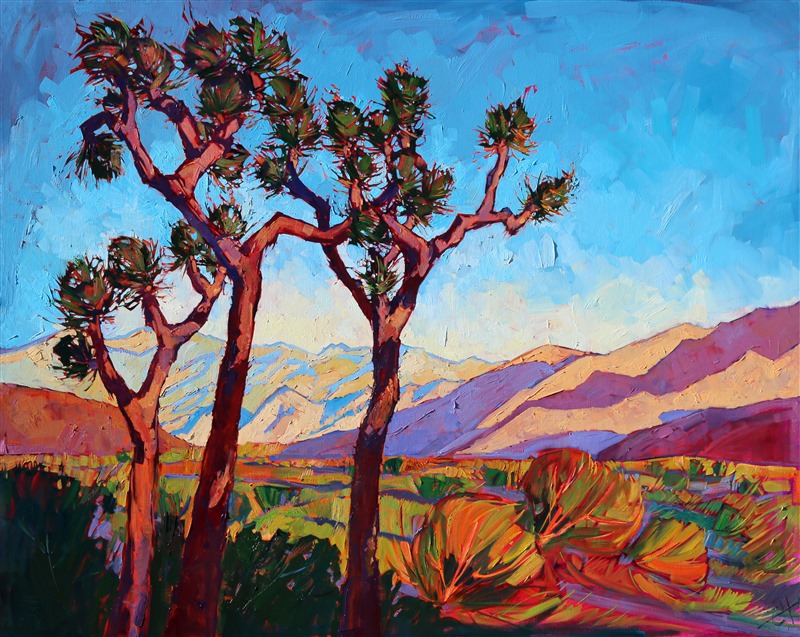 Joshua Tree National Park inspires a true love affair with color. The magnetic colors glow in the red light of early morning. Outdoors, in the crisp morning, one's eyes go into overload to keep track of all the color. This painting is a mere suggestion of the brilliance of real life.