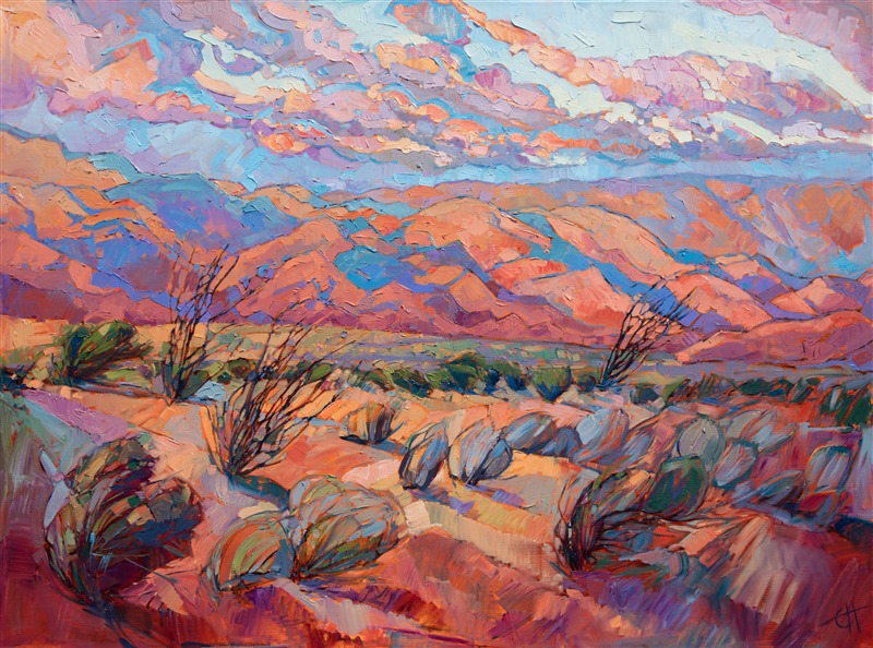 Stark desert plants and soft morning light capture the desert above the Coachella Valley. The dramatic shadows move you through the painting, the thick paint strokes jumping from the canvas in a mosaic explosion of color.</p><p>This painting was done on 2"-deep canvas, with the painting continued around the edges.  It has been framed in a soft white gold floater frame that complements the sage colors in the piece.