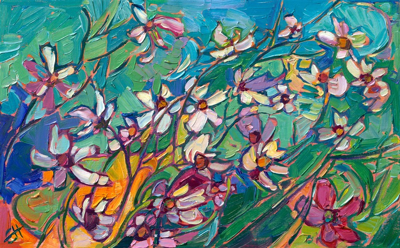 A flurry of cosmo blossoms cascade across the canvas in this abstract impressionist painting by Erin Hanson. Loose, expressive brushstrokes capture the movement and colorful vivacity of the late-summer blooms.