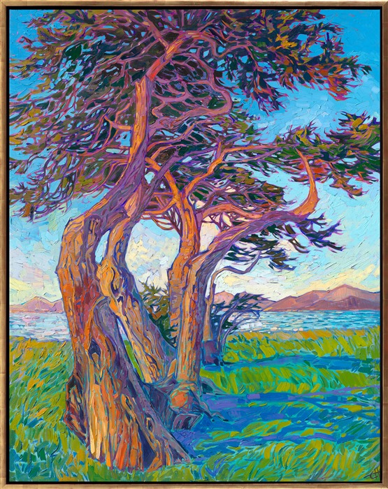 A grove of wind-carved cypress trees stands on the tip of the Monterey Peninsula, near Lover's Point. The dawn light casts rich, warm hues of golden orange across the coastal landscape. Each impressionist brush stroke is thick and impasto, alive with color and energy.</p><p>"Dancing Cypress" was created on 1-1/2" deep stretched linen. The painting arrives framed in a contemporary gold floater frame finished in burnished 23kt gold leaf.