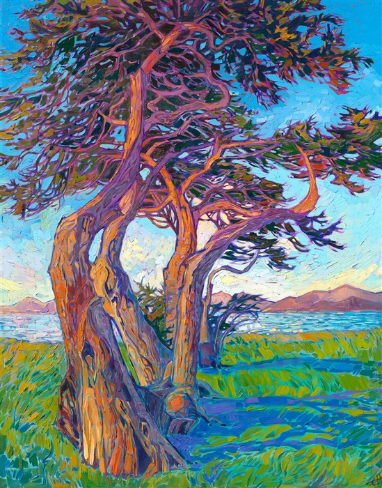 A grove of wind-carved cypress trees stands on the tip of the Monterey Peninsula, near Lover's Point. The dawn light casts rich, warm hues of golden orange across the coastal landscape. Each impressionist brush stroke is thick and impasto, alive with color and energy.</p><p>"Dancing Cypress" was created on 1-1/2" deep stretched linen. The painting arrives framed in a contemporary gold floater frame finished in burnished 23kt gold leaf.